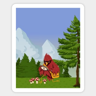 Cardinal Bird Picking Mushrooms on a Sunny Day Sticker